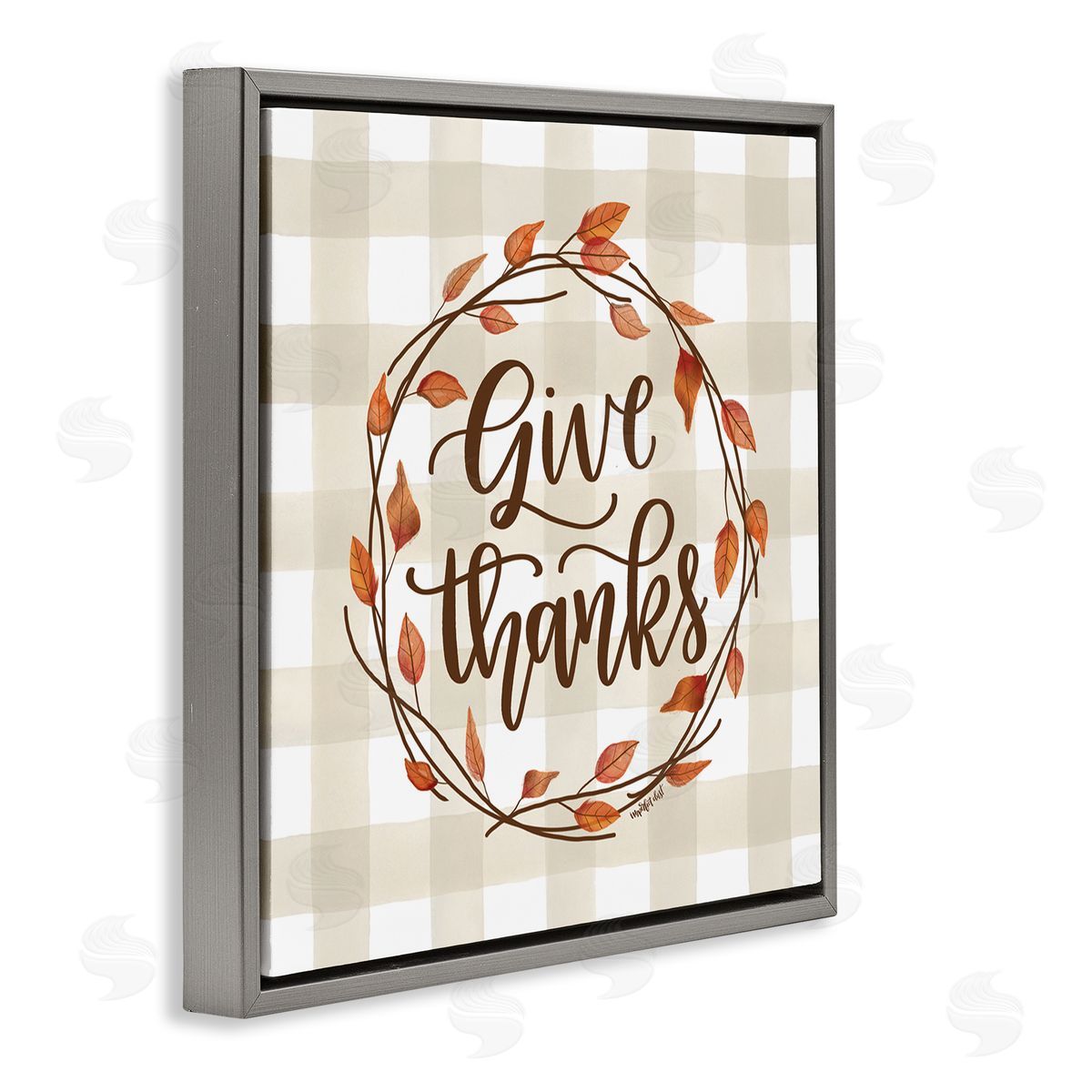 Imperfect Dust Give Thanks Neutral Plaid Autumn Leaves Wreath Gray Floating Frame Canvas Wall Art Print