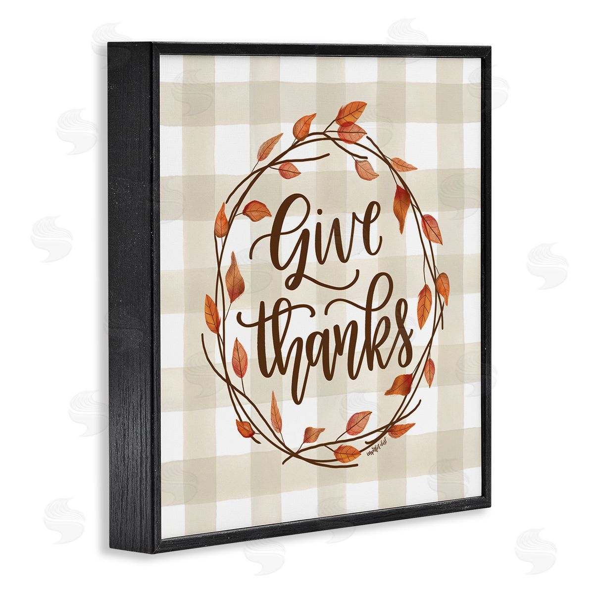 Imperfect Dust Give Thanks Neutral Plaid Autumn Leaves Wreath Black Framed Glicee Wall Art Print