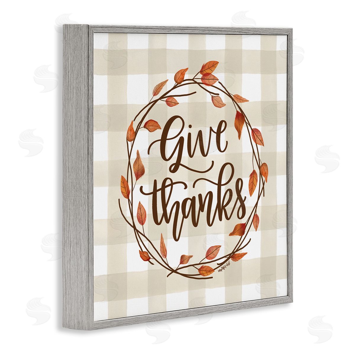 Imperfect Dust Give Thanks Neutral Plaid Autumn Leaves Wreath Gray Framed Glicee Wall Art Print