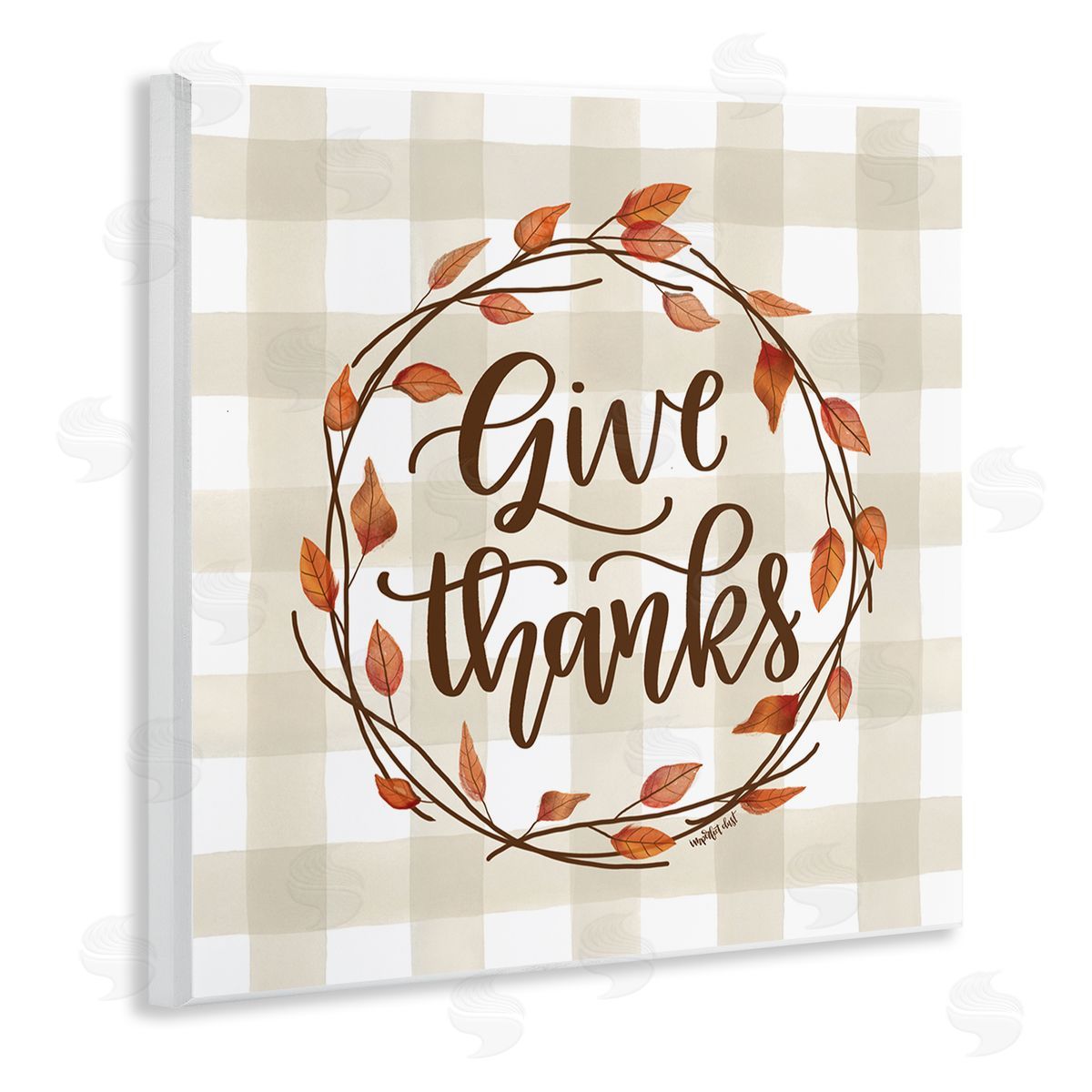 Imperfect Dust Give Thanks Neutral Plaid Autumn Leaves Wreath Wooden Wall Plaque Art Print