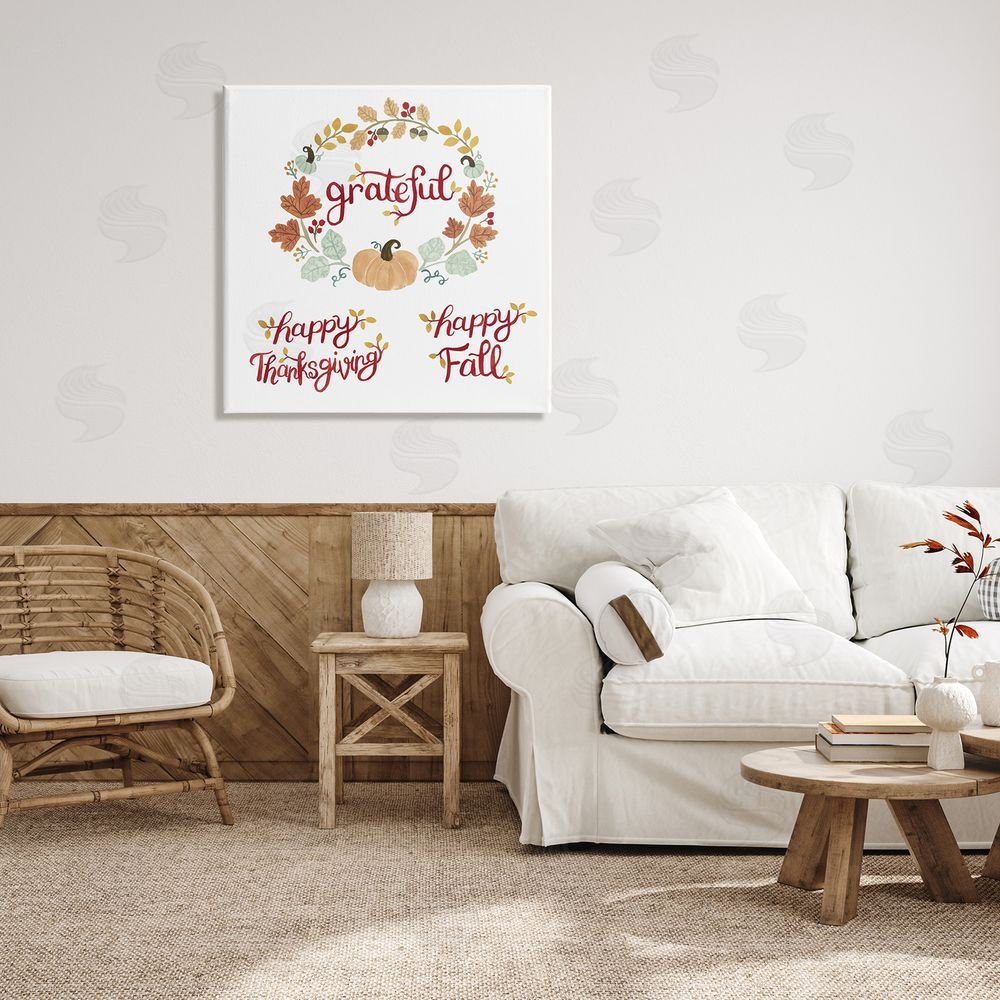 Heather Strianese Grateful Seasonal Thanksgiving Holiday Botanical Pumpkin Wreath Canvas Wall Art in Room