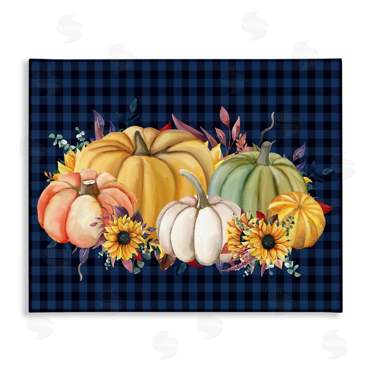 Kim Allen Sunflowers & Pumpkins Botanical Arrangement Blue Tartan Pattern Stretched Canvas Wall Art Print