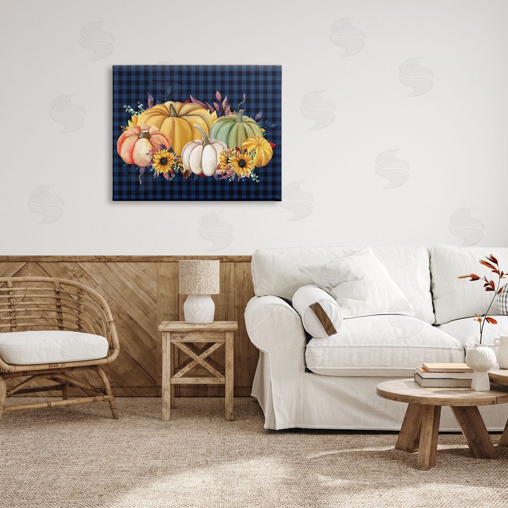 Kim Allen Sunflowers & Pumpkins Botanical Arrangement Blue Tartan Pattern Canvas Wall Art Print in Room