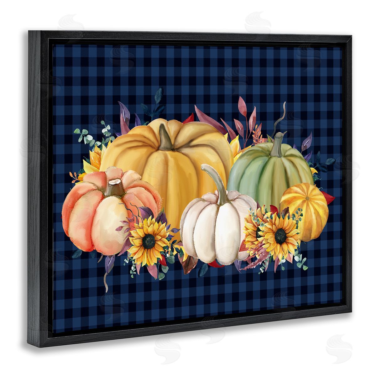 Kim Allen Sunflowers & Pumpkins Botanical Arrangement Blue Tartan Pattern Black Floating Frame Canvas Wall Art Print