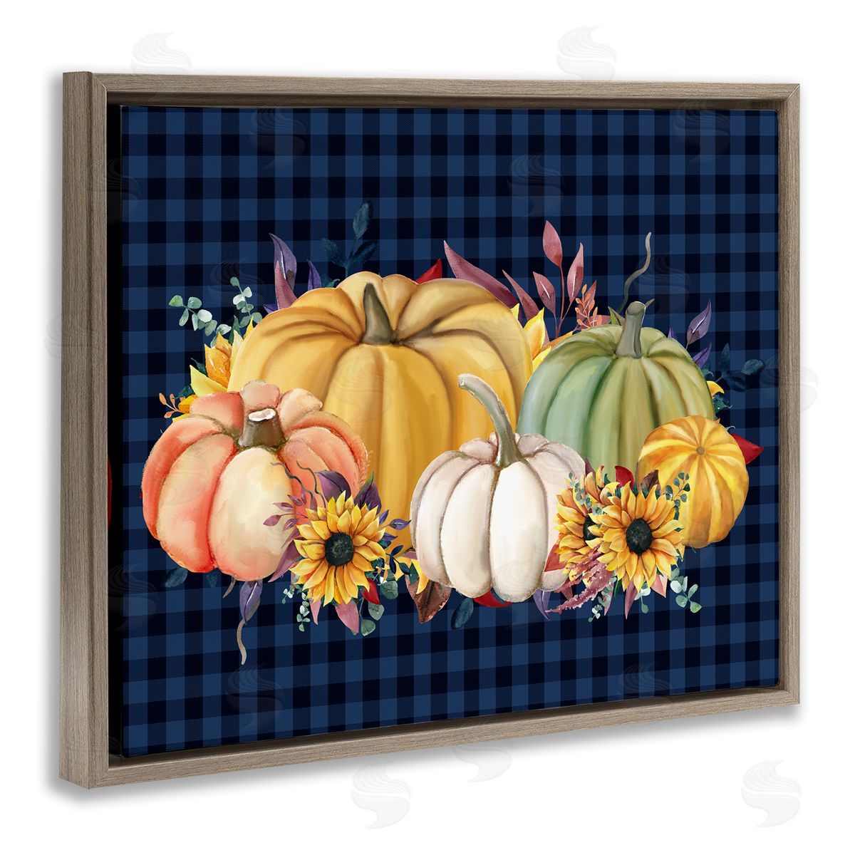 Kim Allen Sunflowers & Pumpkins Botanical Arrangement Blue Tartan Pattern Brown Floating Frame Canvas Wall Art Print