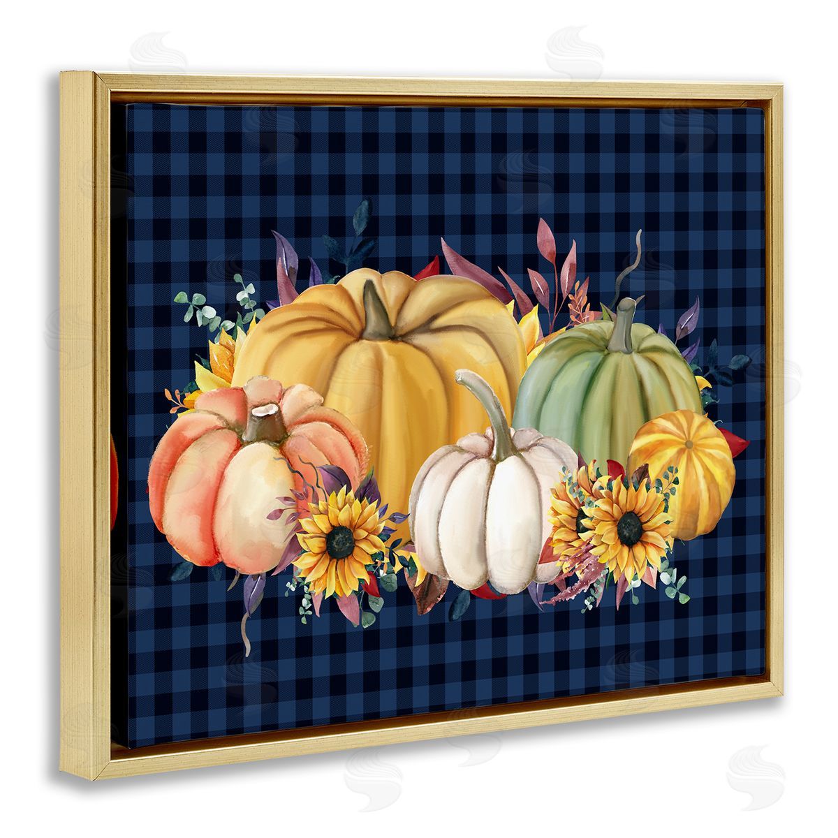 Kim Allen Sunflowers & Pumpkins Botanical Arrangement Blue Tartan Pattern Gold Floating Frame Canvas Wall Art Print