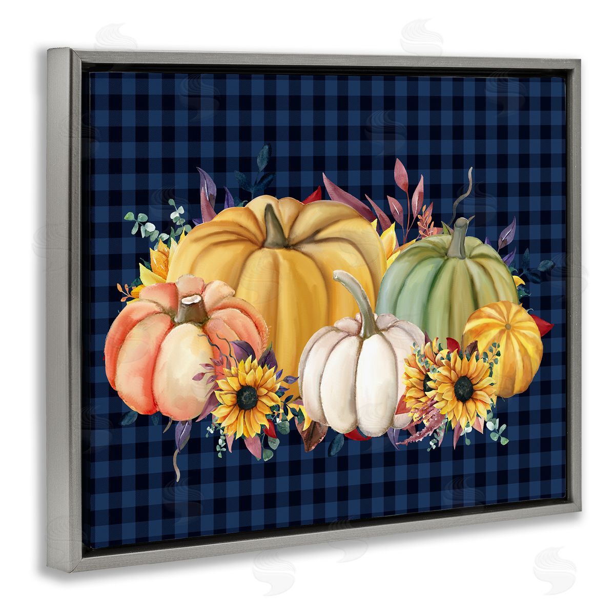 Kim Allen Sunflowers & Pumpkins Botanical Arrangement Blue Tartan Pattern Gray Floating Frame Canvas Wall Art Print