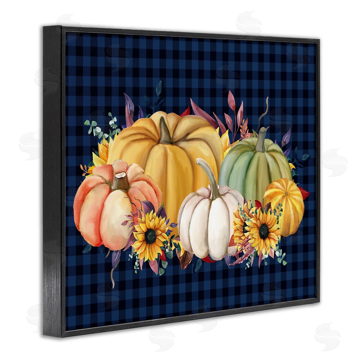 Kim Allen Sunflowers & Pumpkins Botanical Arrangement Blue Tartan Pattern Black Framed Giclee Wall Art Print