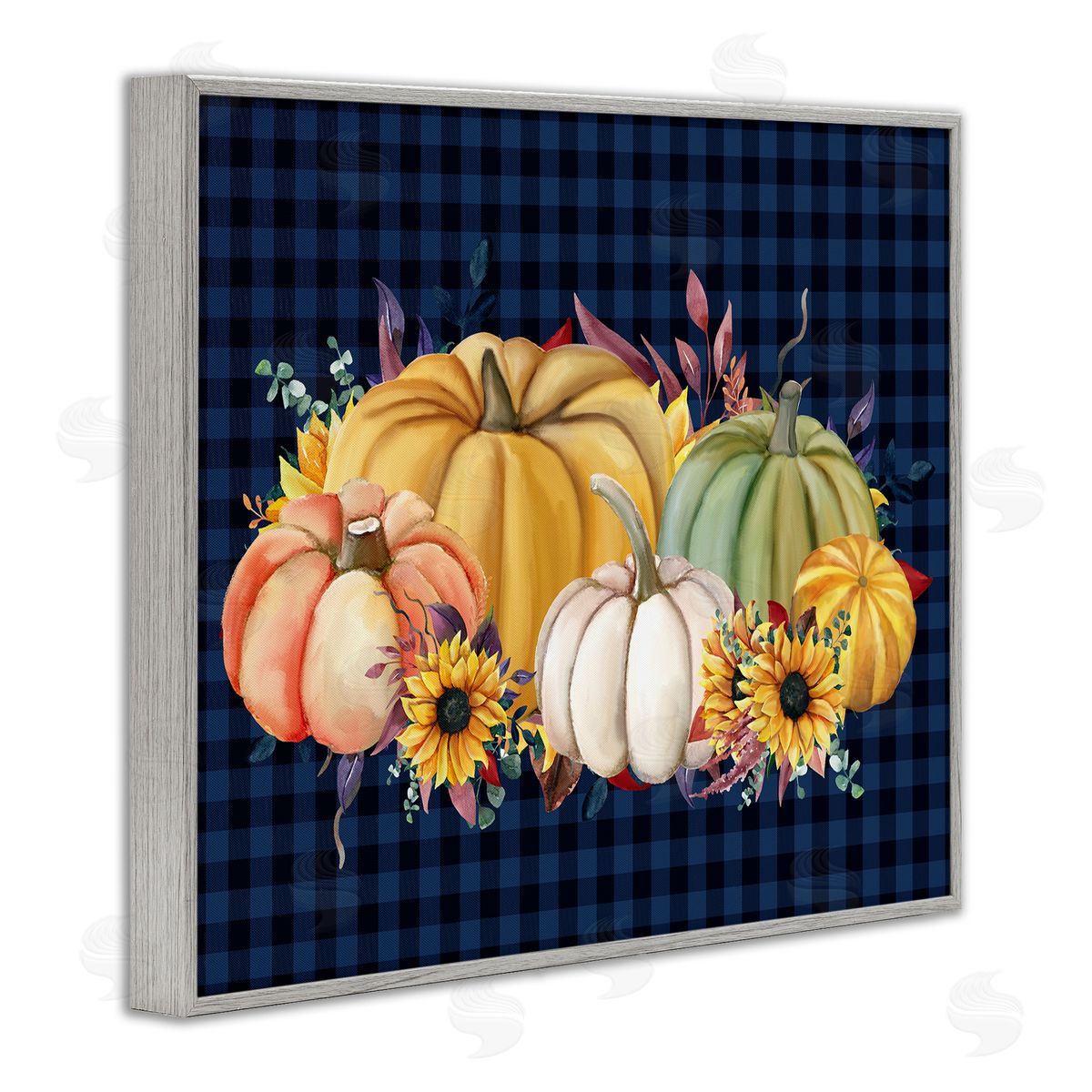Kim Allen Sunflowers & Pumpkins Botanical Arrangement Blue Tartan Pattern Gray Framed Giclee Wall Art Print
