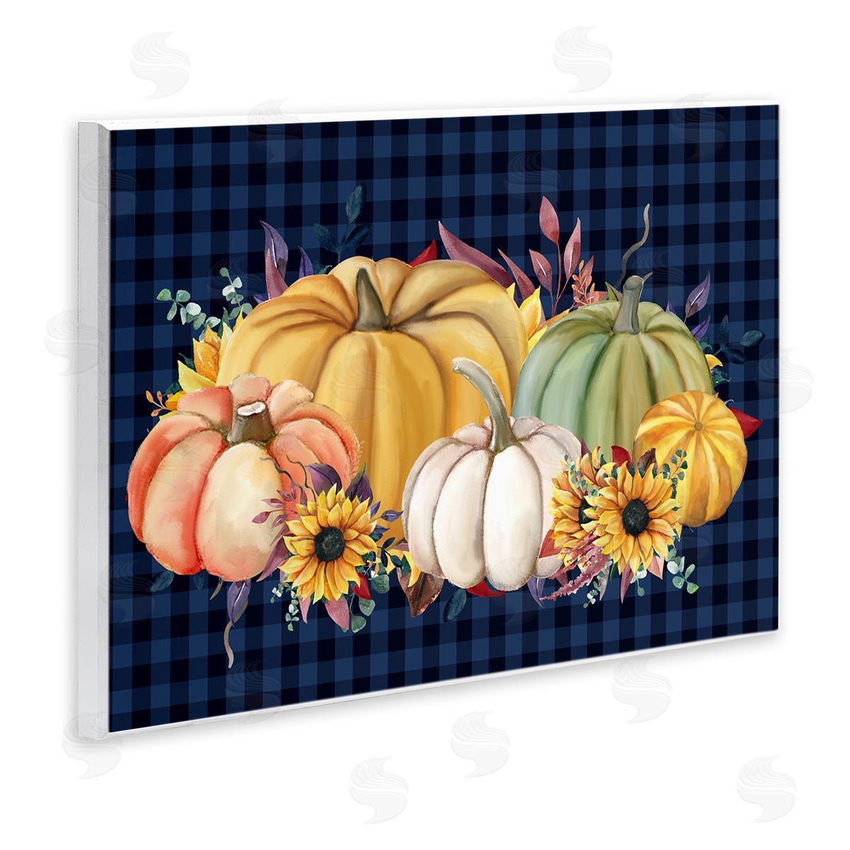 Kim Allen Sunflowers & Pumpkins Botanical Arrangement Blue Tartan Pattern Wall Plaque Art Print