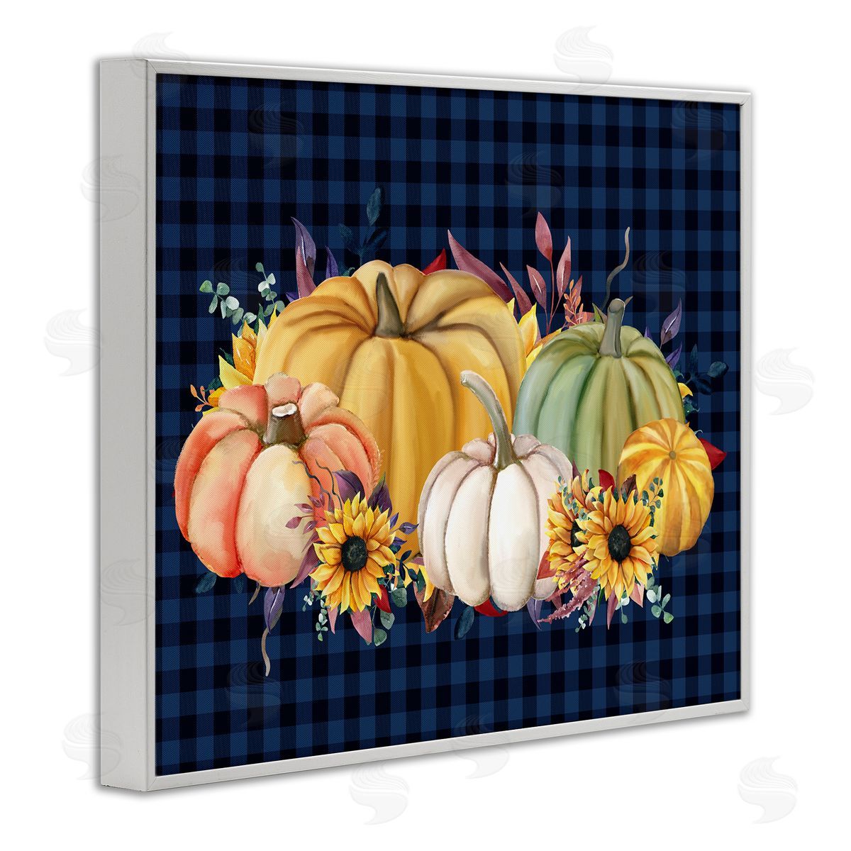 Kim Allen Sunflowers & Pumpkins Botanical Arrangement Blue Tartan Pattern White Framed Giclee Wall Art Print