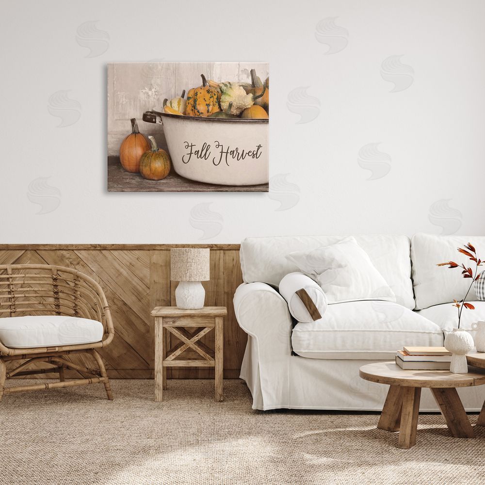 Lori Deiter Fall Harvest Bowl Gourds Pumpkins Arrangement Still Life Canvas Wall Art Print in Room
