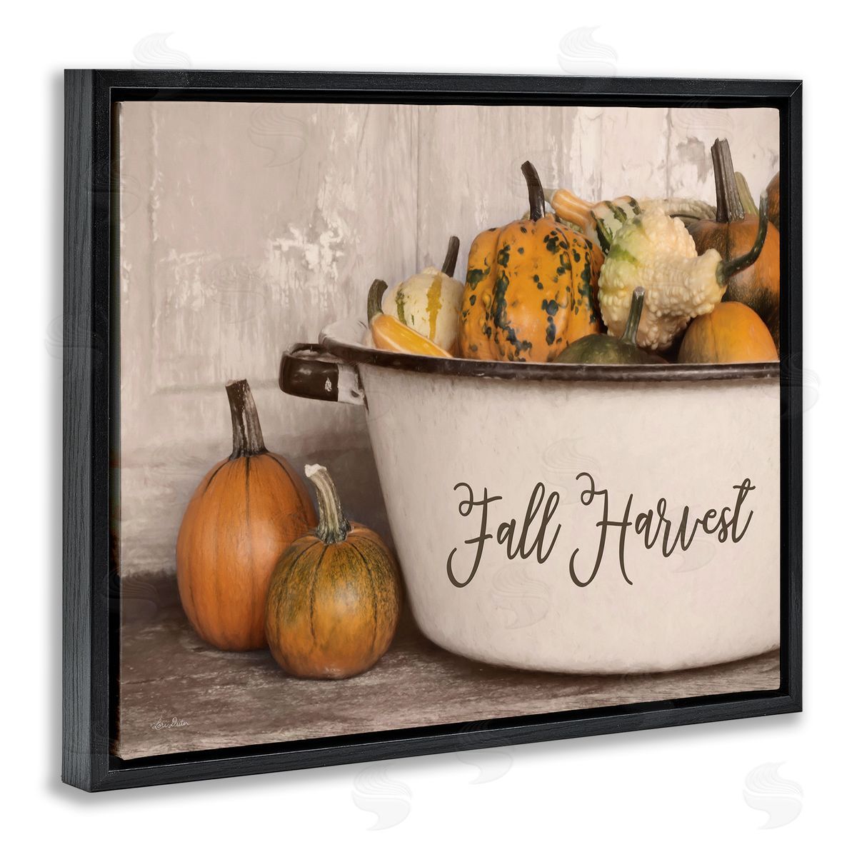 Lori Deiter Fall Harvest Bowl Gourds Pumpkins Arrangement Still Life Black Floating Frame Canvas Wall Art Print