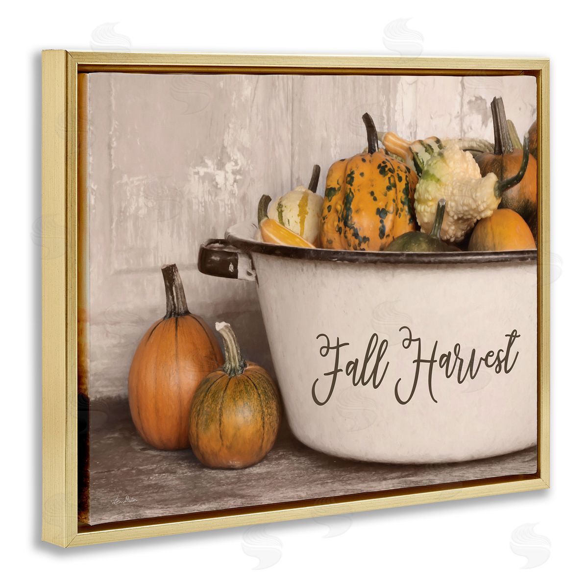 Lori Deiter Fall Harvest Bowl Gourds Pumpkins Arrangement Still Life Gold Floating Frame Canvas Wall Art Print
