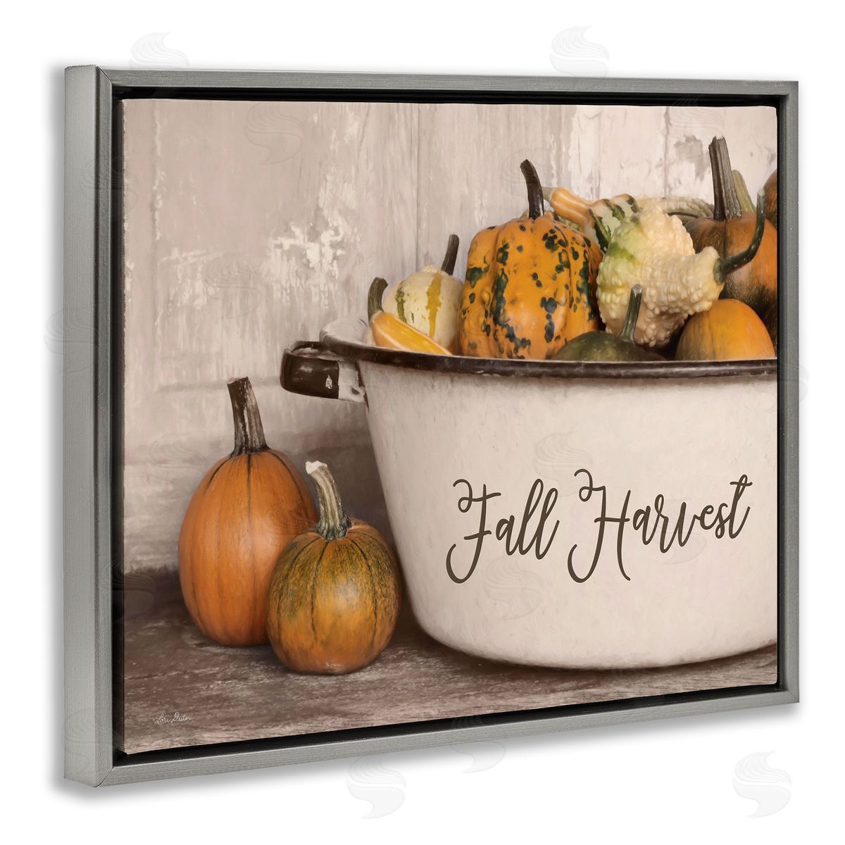 Lori Deiter Fall Harvest Bowl Gourds Pumpkins Arrangement Still Life Gray Floating Frame Canvas Wall Art Print