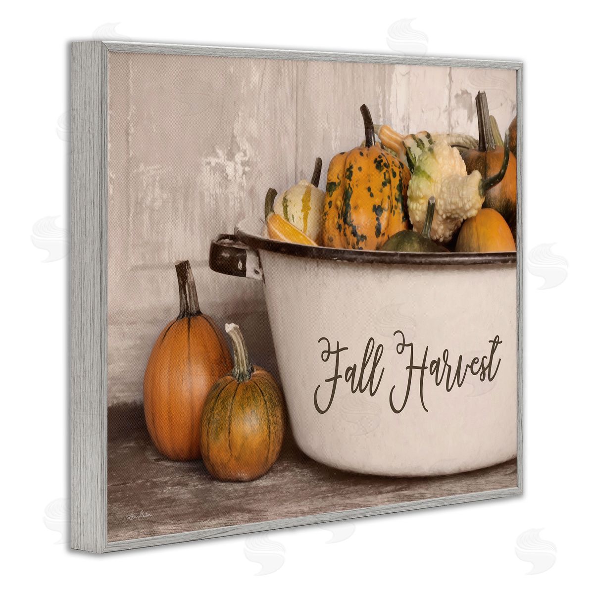 Lori Deiter Fall Harvest Bowl Gourds Pumpkins Arrangement Still Life Gray Framed Giclee Wall Art Print