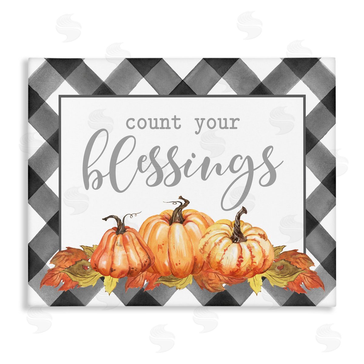 Lettered and Lined Count Your Blessings Autumn Sentiment Tartan Pumpkin Pattern Stretched Canvas Wall Art Print