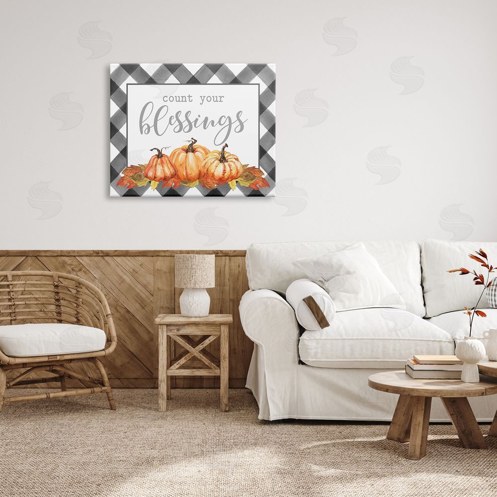 Lettered and Lined Count Your Blessings Autumn Sentiment Tartan Pumpkin Pattern Canvas Wall Art Print in Room