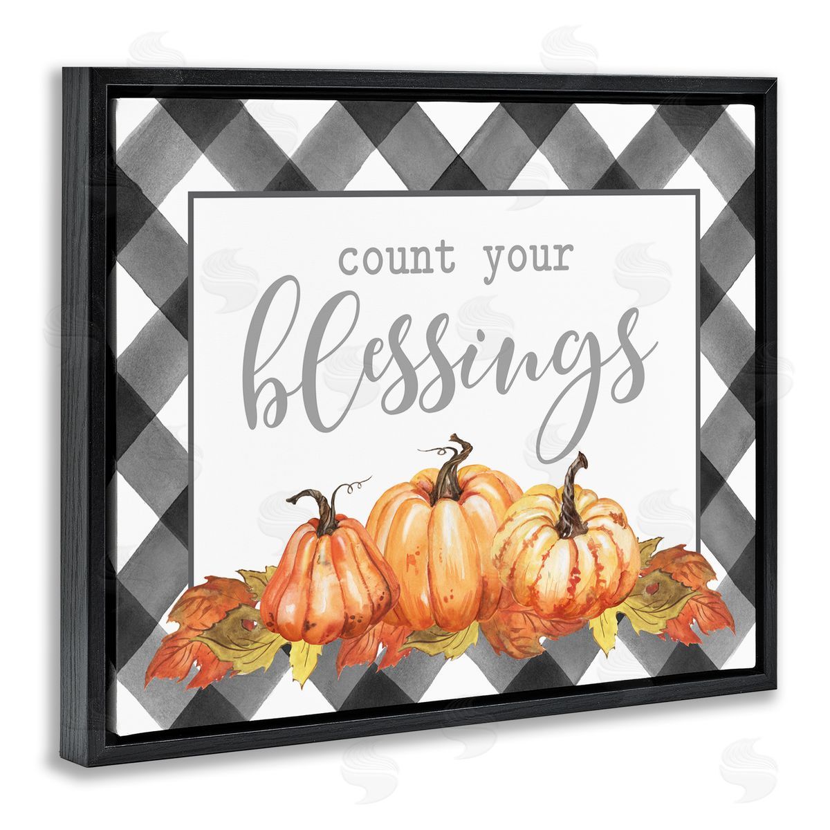 Lettered and Lined Count Your Blessings Autumn Sentiment Tartan Pumpkin Pattern Black Floating Frame Canvas Wall Art Print