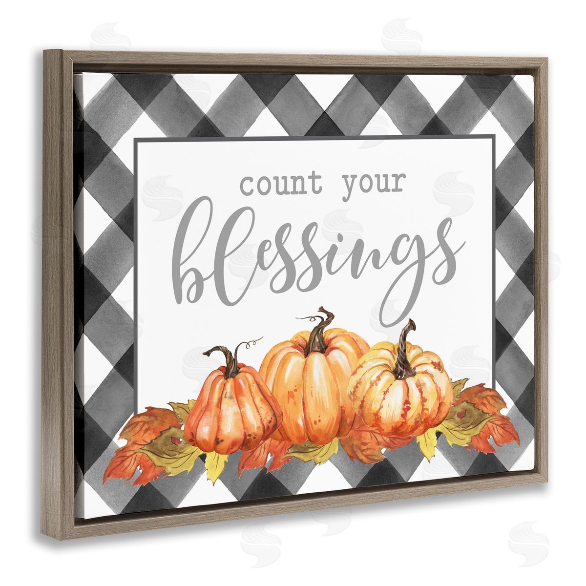 Lettered and Lined Count Your Blessings Autumn Sentiment Tartan Pumpkin Pattern Brown Floating Frame Canvas Wall Art Print