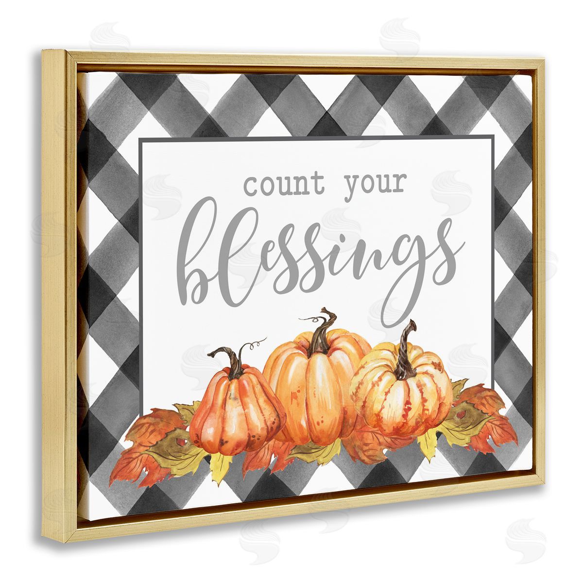 Lettered and Lined Count Your Blessings Autumn Sentiment Tartan Pumpkin Pattern Gold Floating Frame Canvas Wall Art Print