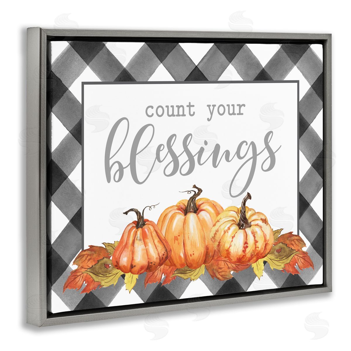 Lettered and Lined Count Your Blessings Autumn Sentiment Tartan Pumpkin Pattern Gray Floating Frame Canvas Wall Art Print