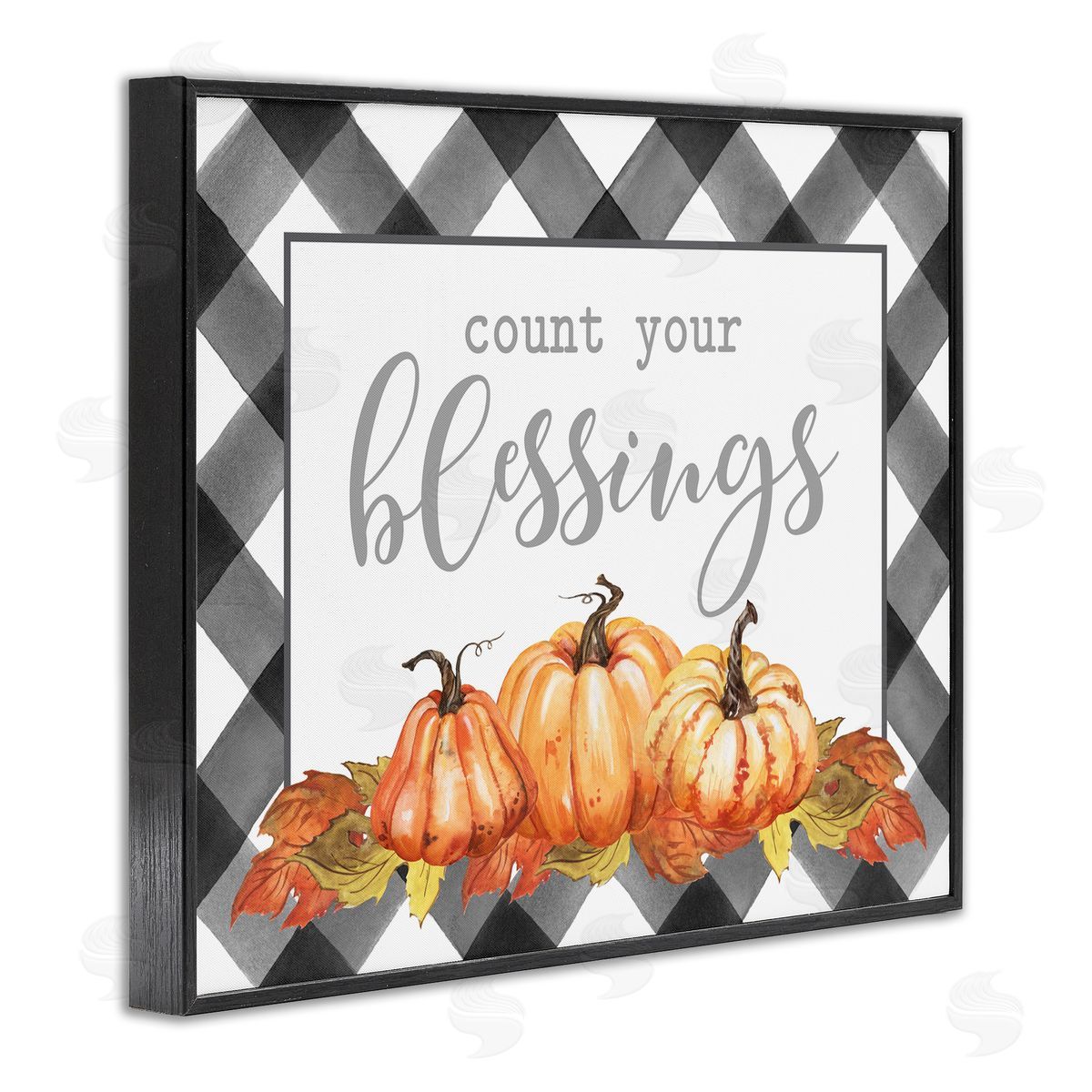 Lettered and Lined Count Your Blessings Autumn Sentiment Tartan Pumpkin Pattern Black Framed Giclee Wall Art Print