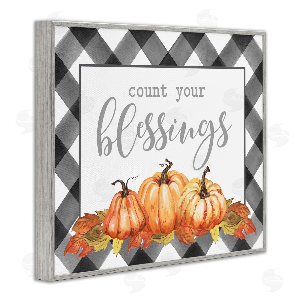 Lettered and Lined Count Your Blessings Autumn Sentiment Tartan Pumpkin Pattern Gray Framed Giclee Wall Art Print