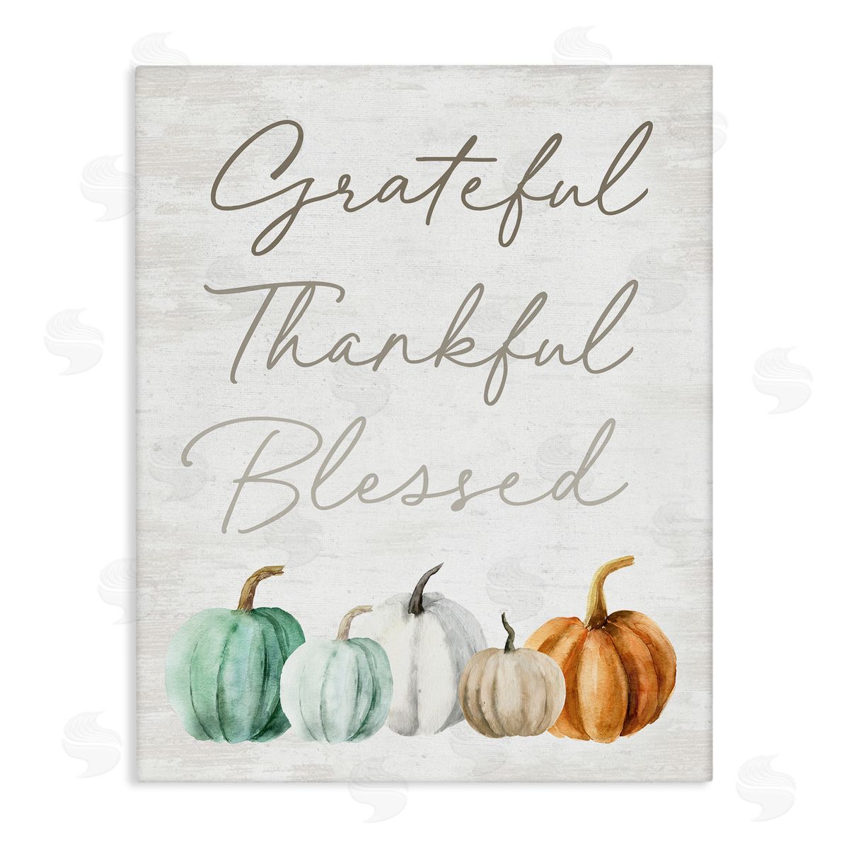 Lettered and Lined Grateful Thankful Blessed Script Rustic Arranged Pumpkins  Stretched Canvas Wall Art Print