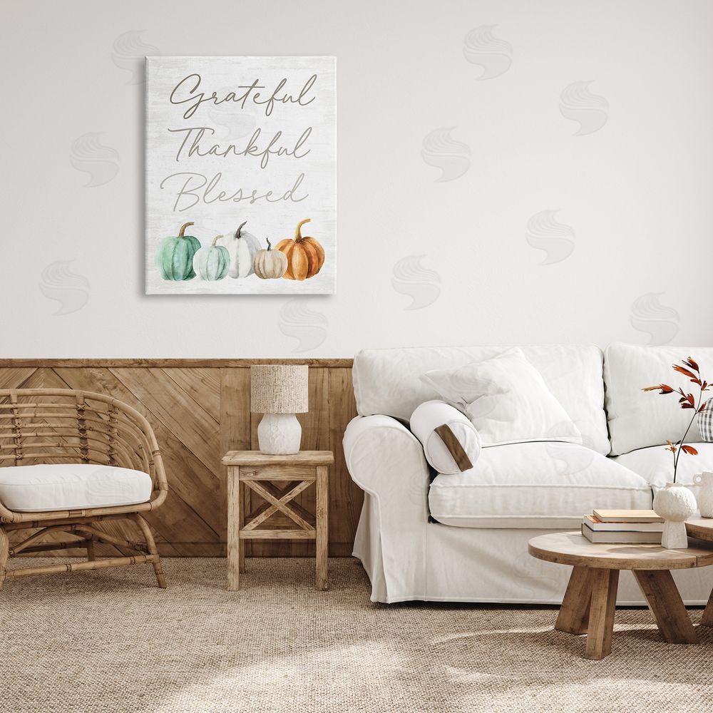 Lettered and Lined Grateful Thankful Blessed Script Rustic Arranged Pumpkins  Canvas Wall Art Print in Room
