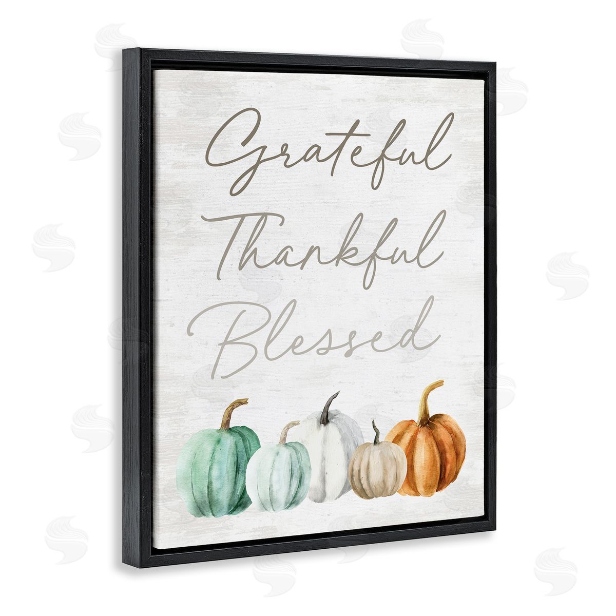 Lettered and Lined Grateful Thankful Blessed Script Rustic Arranged Pumpkins  Black Floating Frame Canvas Wall Art Print