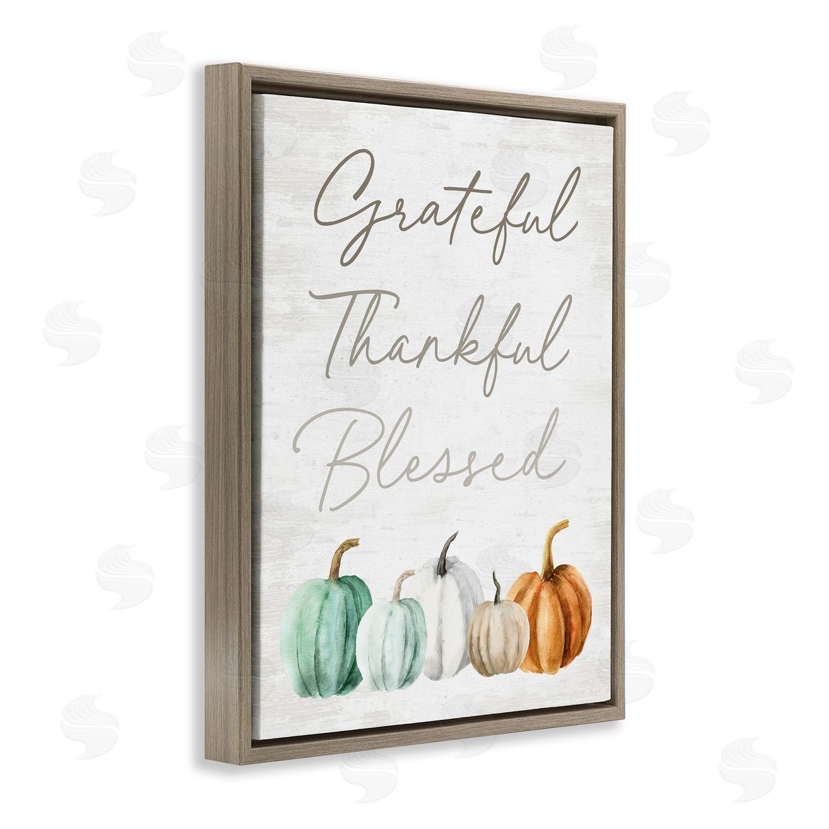 Lettered and Lined Grateful Thankful Blessed Script Rustic Arranged Pumpkins  Brown Floating Frame Canvas Wall Art Print