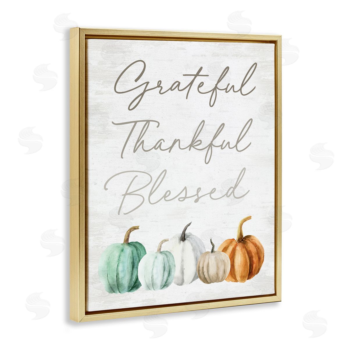 Lettered and Lined Grateful Thankful Blessed Script Rustic Arranged Pumpkins  Gold Floating Frame Canvas Wall Art Print