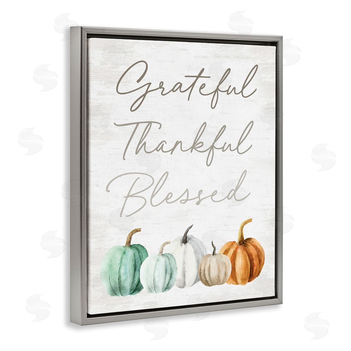Lettered and Lined Grateful Thankful Blessed Script Rustic Arranged Pumpkins  Gray Floating Frame Canvas Wall Art Print