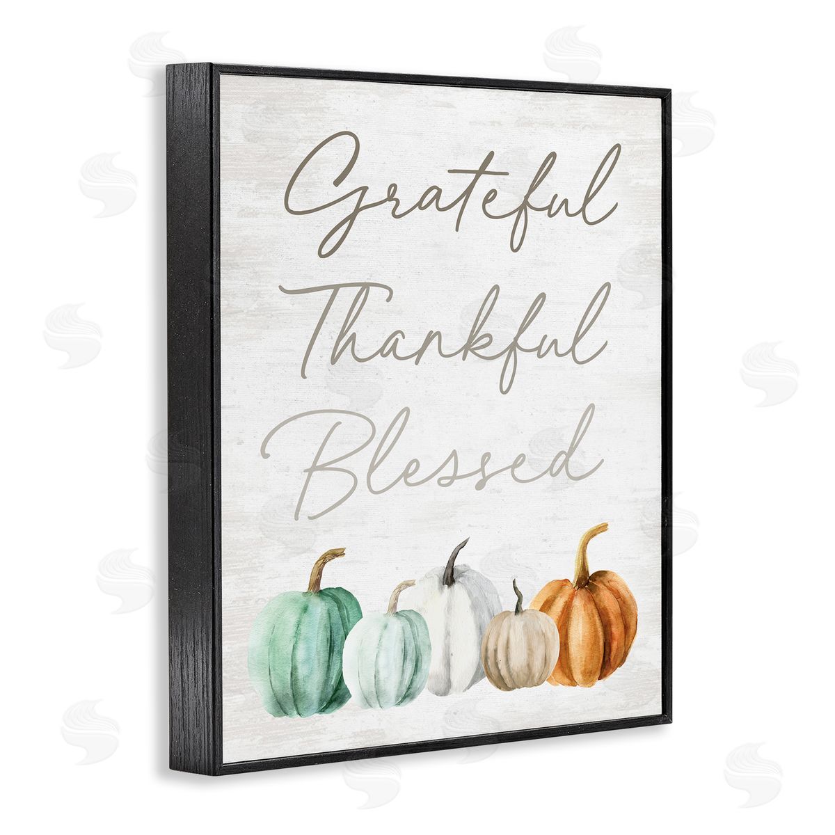 Lettered and Lined Grateful Thankful Blessed Script Rustic Arranged Pumpkins  Black Framed Giclee Wall Art Print