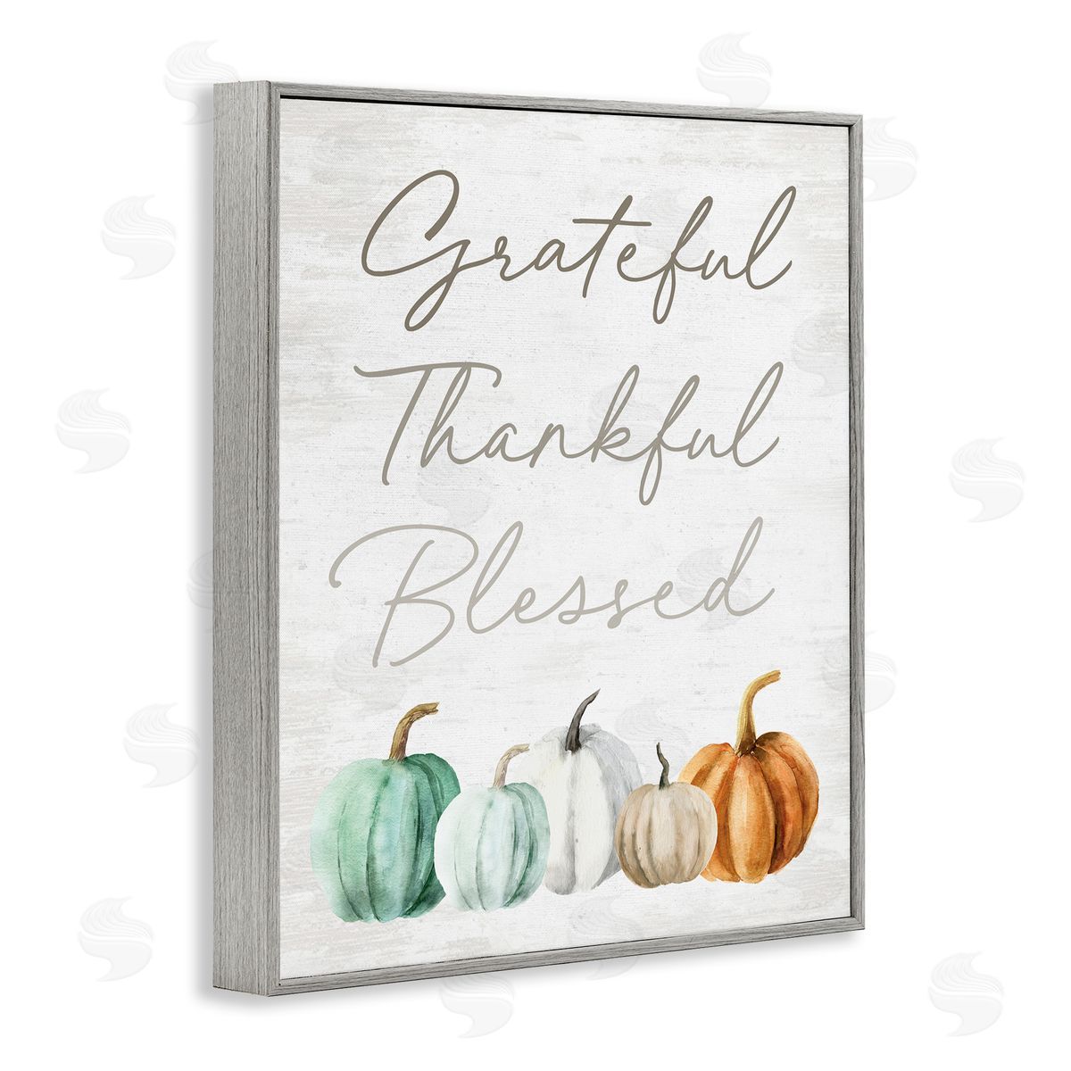 Lettered and Lined Grateful Thankful Blessed Script Rustic Arranged Pumpkins  Gray Framed Giclee Wall Art Print