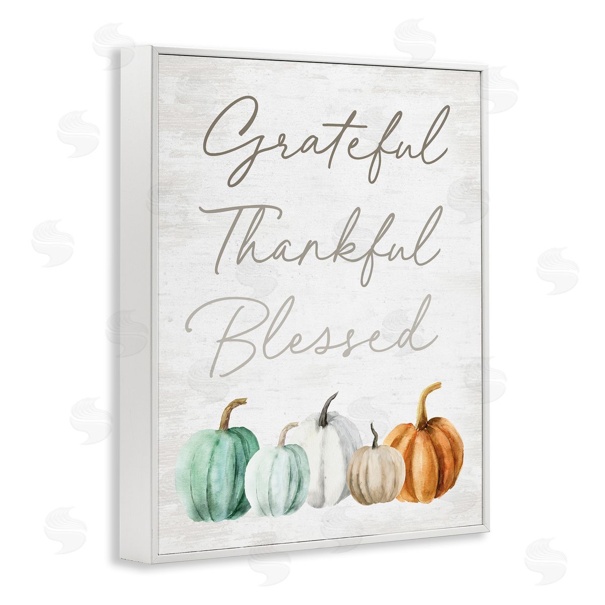 Lettered and Lined Grateful Thankful Blessed Script Rustic Arranged Pumpkins  White Framed Giclee Wall Art Print