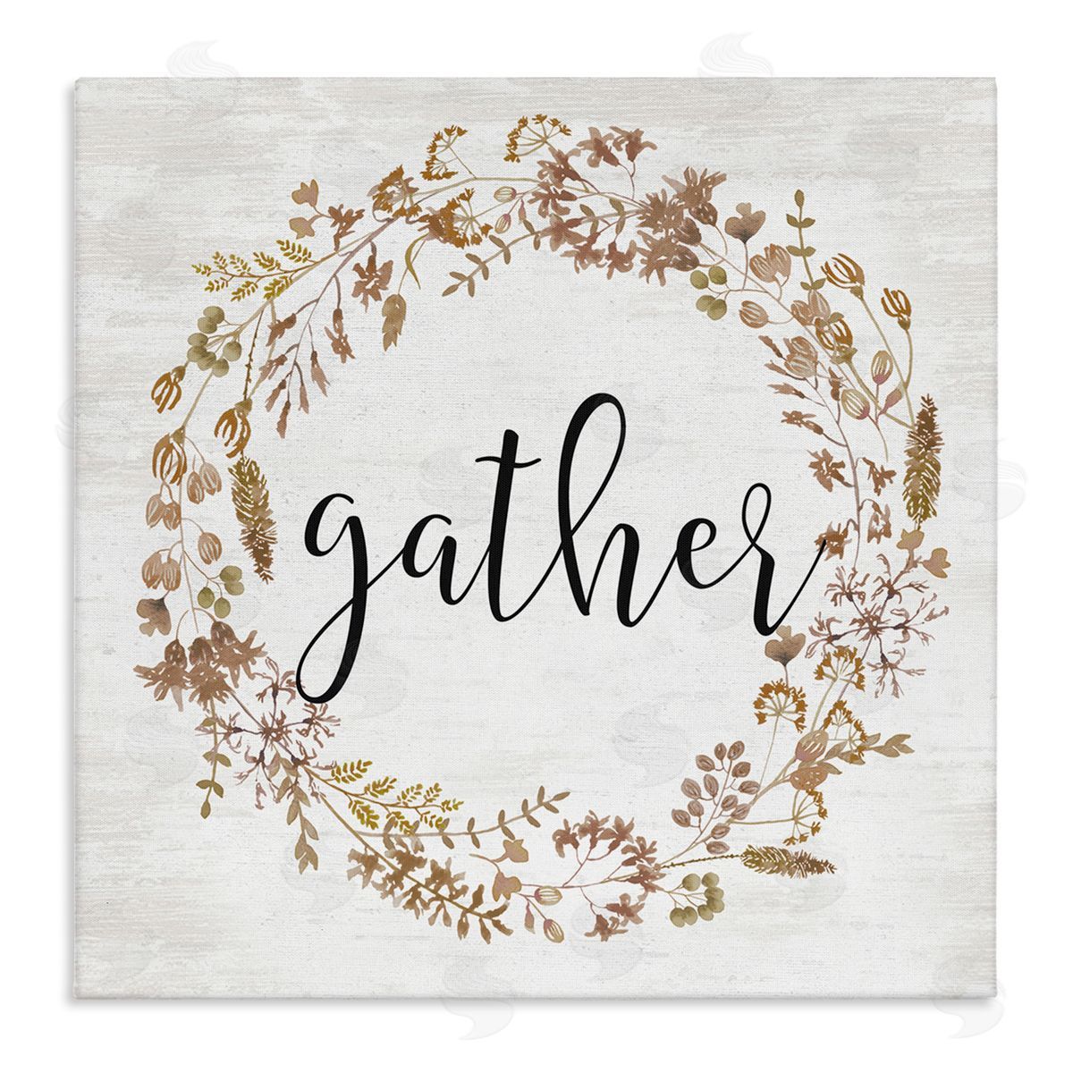 Lettered and Lined Rustic Gather Script Delicate Floral Botanicals Wreath  Stretched Canvas Wall Art Print