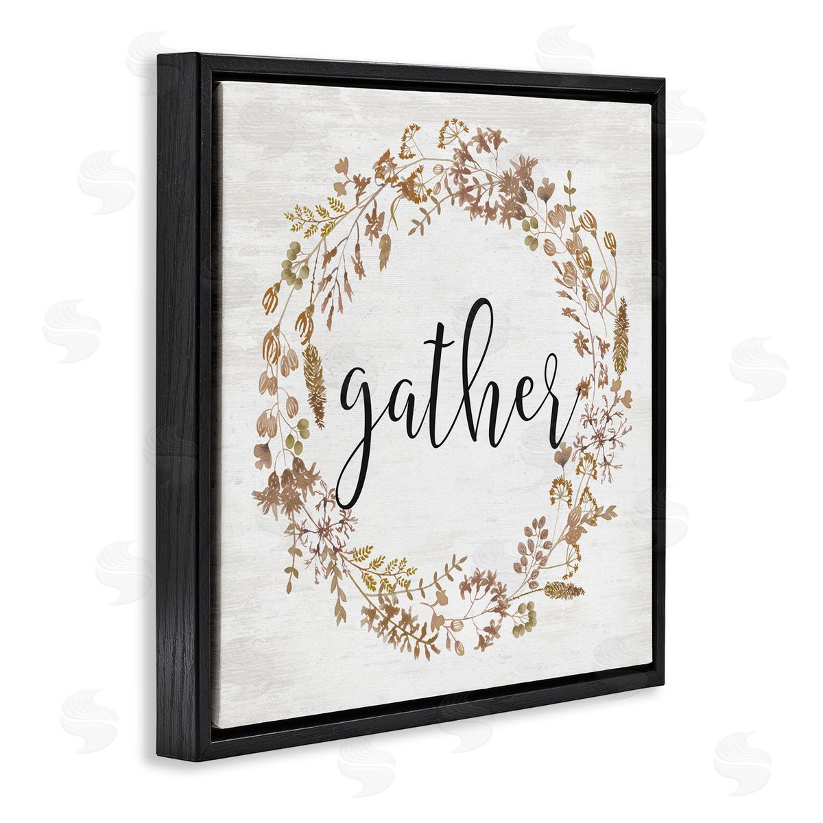 Lettered and Lined Rustic Gather Script Delicate Floral Botanicals Wreath  Black Floating Frame Canvas Wall Art Print