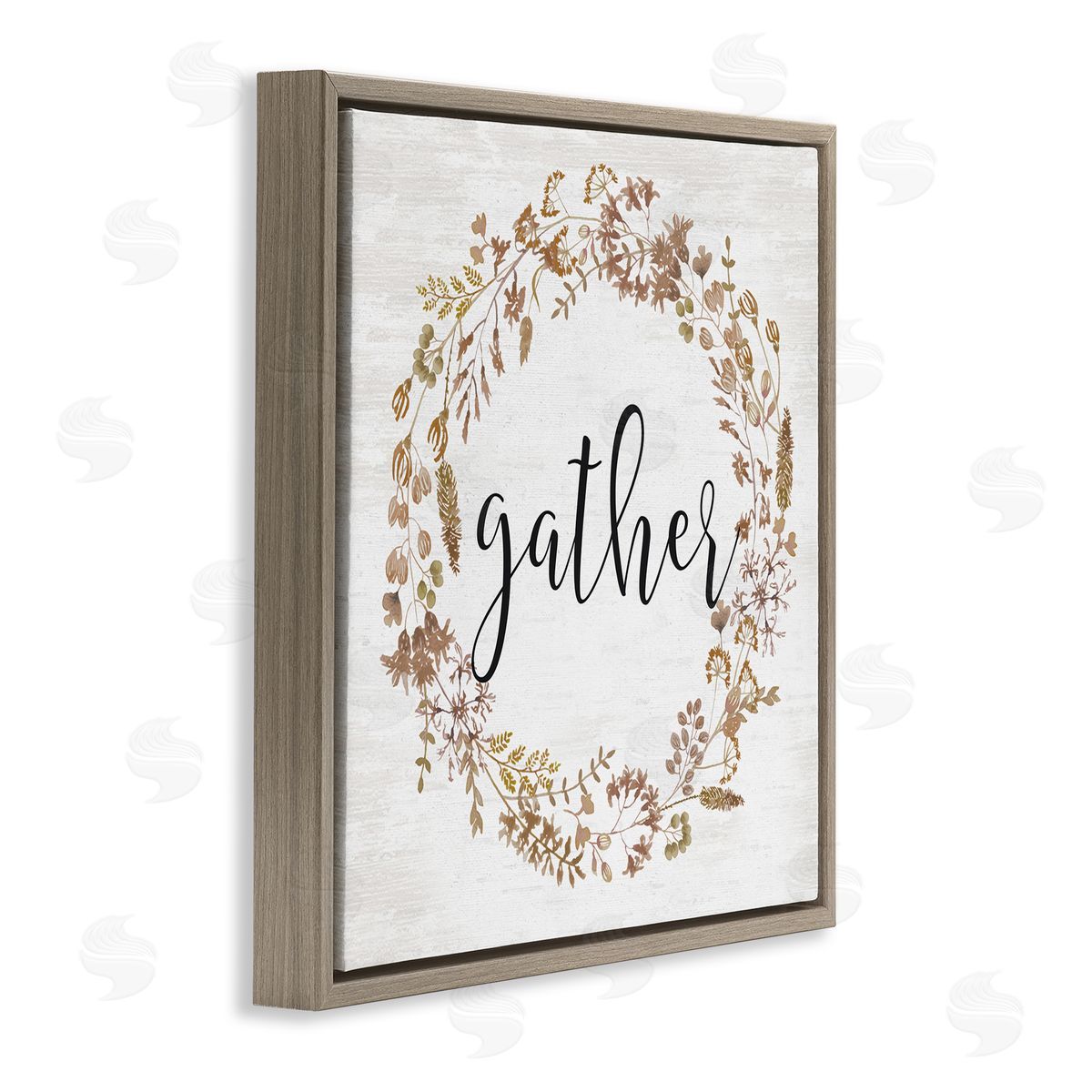 Lettered and Lined Rustic Gather Script Delicate Floral Botanicals Wreath  Brown Floating Frame Canvas Wall Art Print