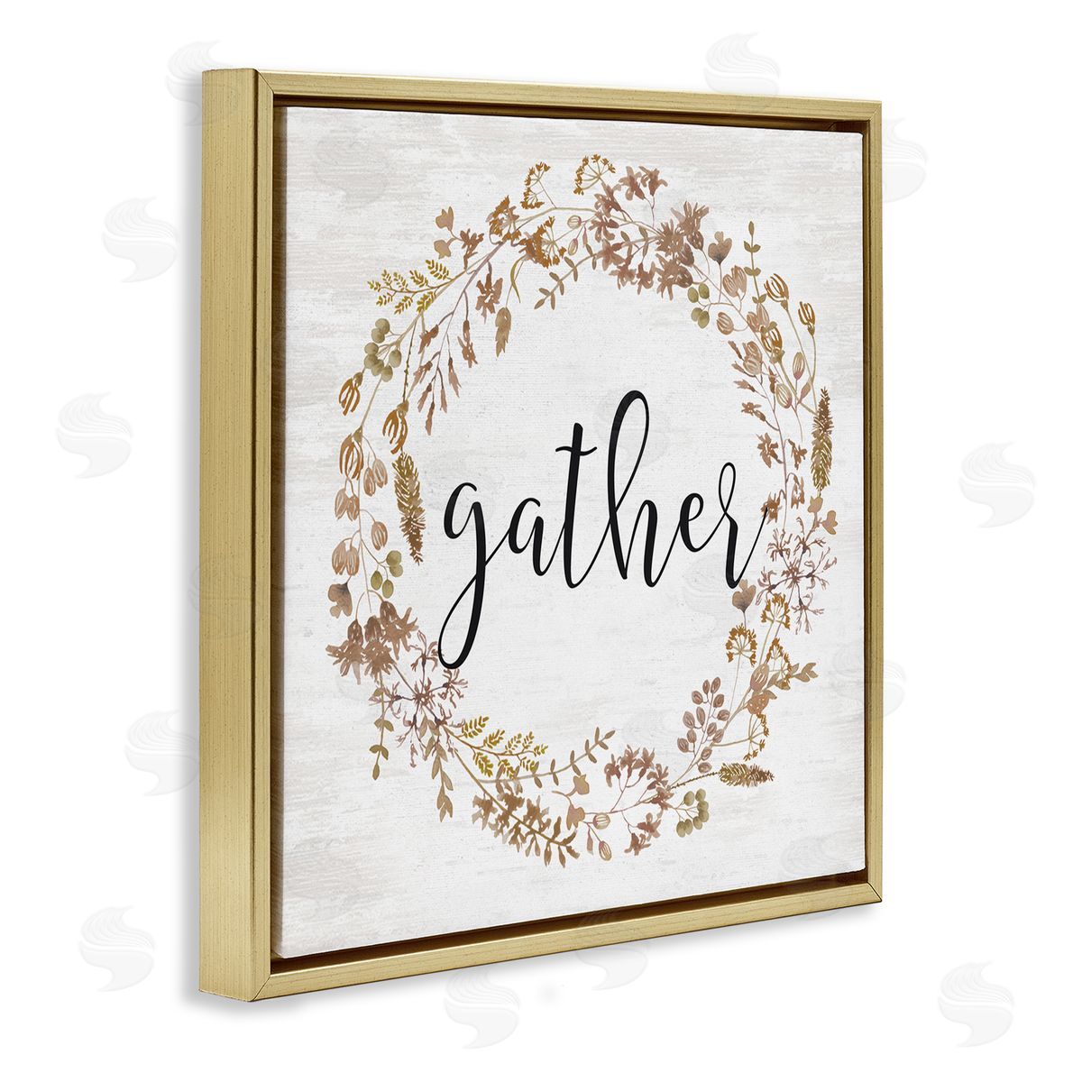 Lettered and Lined Rustic Gather Script Delicate Floral Botanicals Wreath  Gold Floating Frame Canvas Wall Art Print