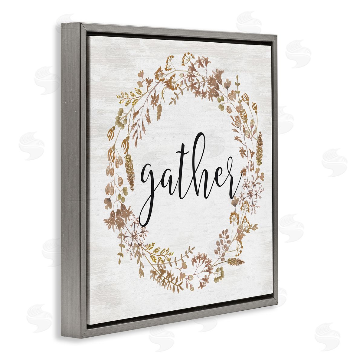 Lettered and Lined Rustic Gather Script Delicate Floral Botanicals Wreath  Gray Floating Frame Canvas Wall Art Print