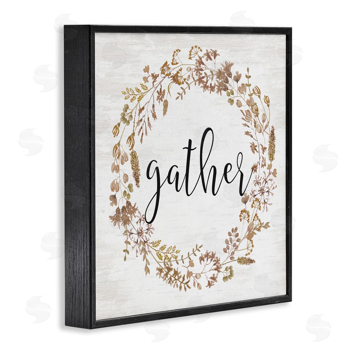 Lettered and Lined Rustic Gather Script Delicate Floral Botanicals Wreath  Black Framed Glicee Wall Art Print