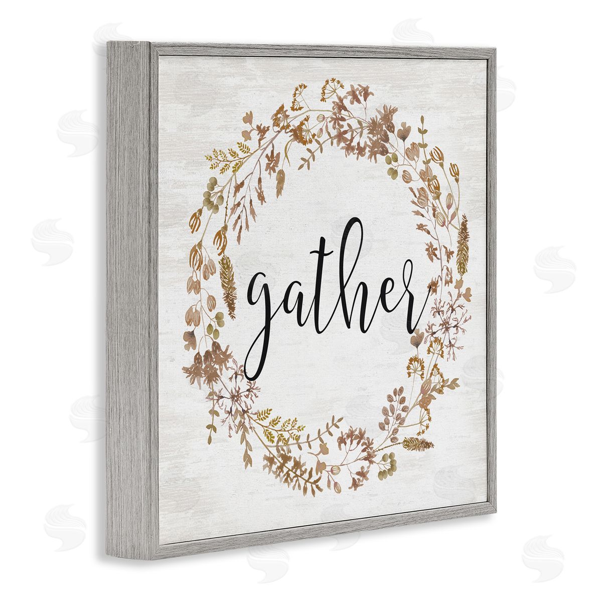Lettered and Lined Rustic Gather Script Delicate Floral Botanicals Wreath  Gray Framed Glicee Wall Art Print