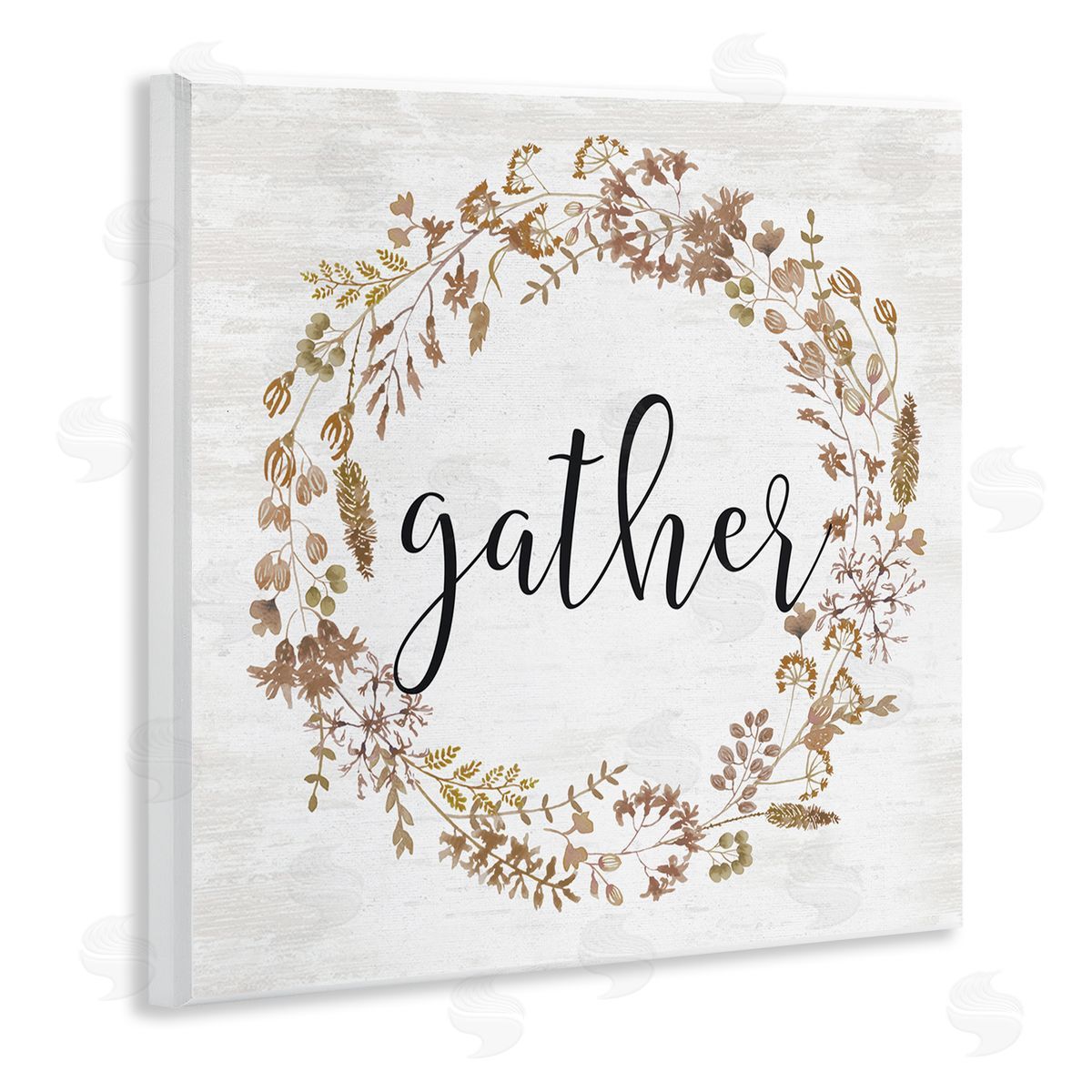 Lettered and Lined Rustic Gather Script Delicate Floral Botanicals Wreath  Wooden Wall Plaque Art Print