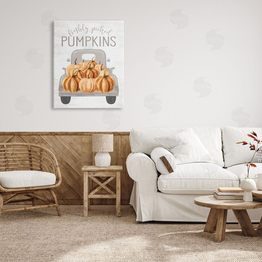 Lettered and Lined Freshly Picked Pumpkins Rustic Harvest Signage Truck  Canvas Wall Art Print in Room