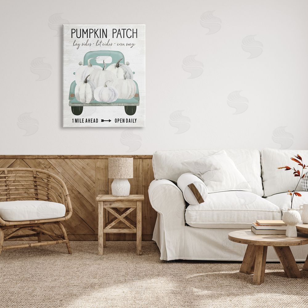 Lettered and Lined Pumpkin Patch Mile Ahead Sign Festive Seasonal Truck Canvas Wall Art Print in Room