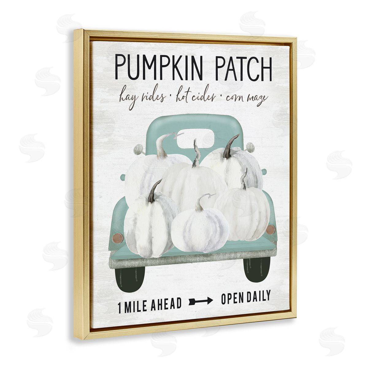 Lettered and Lined Pumpkin Patch Mile Ahead Sign Festive Seasonal Truck Gold Floating Frame Canvas Wall Art Print