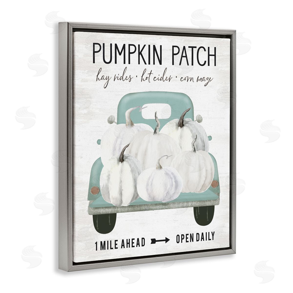 Lettered and Lined Pumpkin Patch Mile Ahead Sign Festive Seasonal Truck Gray Floating Frame Canvas Wall Art Print