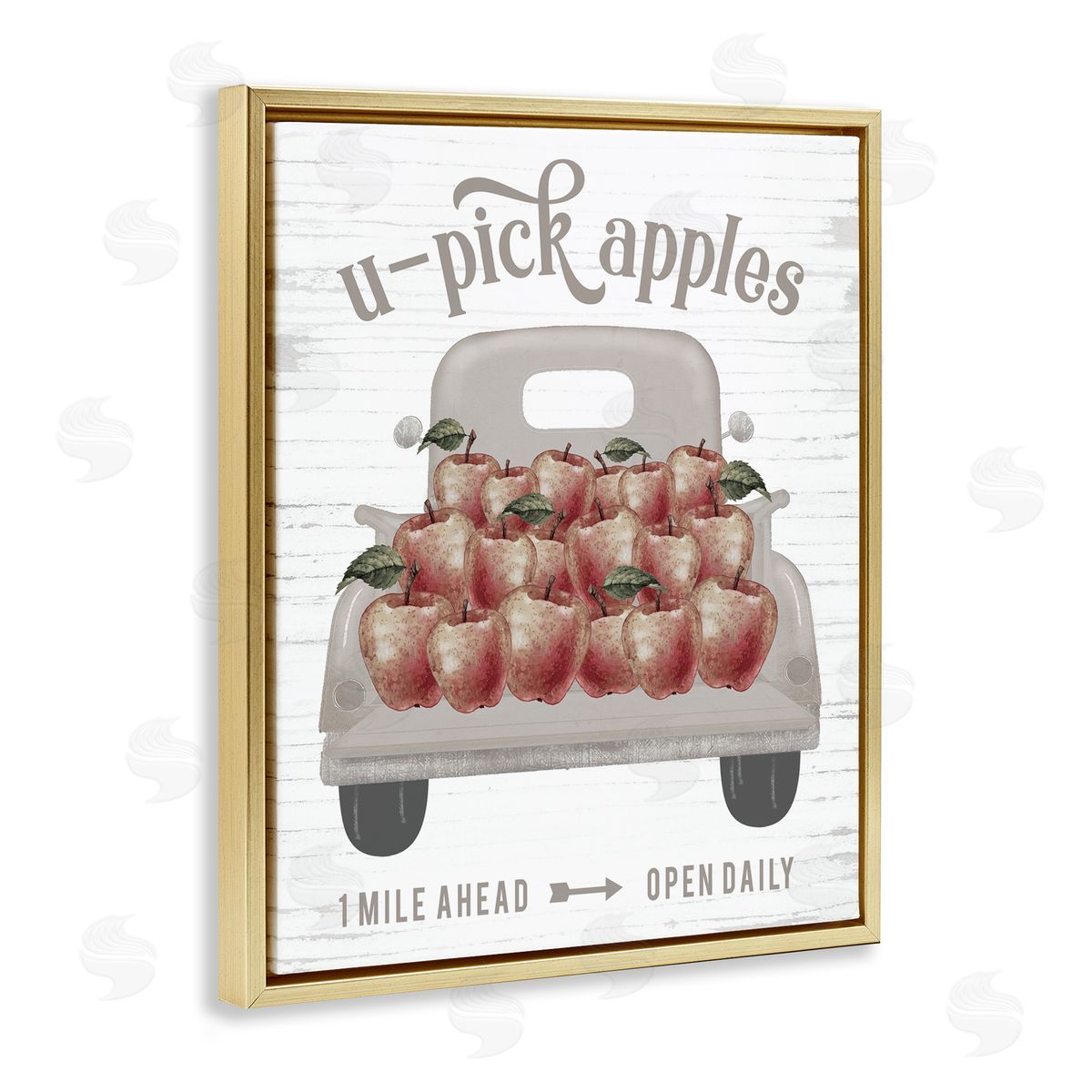 Lettered and Lined U-Pick Apples Autumn Harvest Truckload Rustic Sign Gold Floating Frame Canvas Wall Art Print